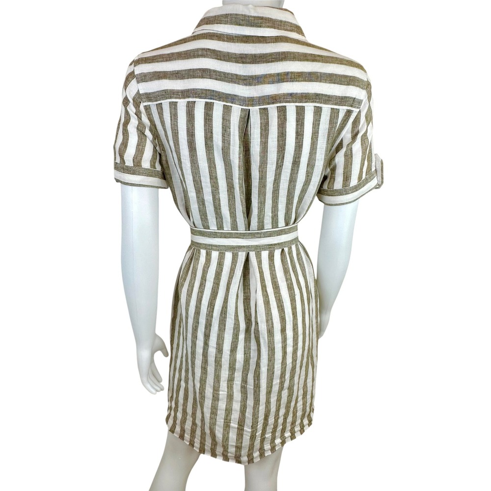 Talbots Linen Utility Shirt Dress Lawn Stripe Belted Khaki White Size 2P Petite - Picture 4 of 11